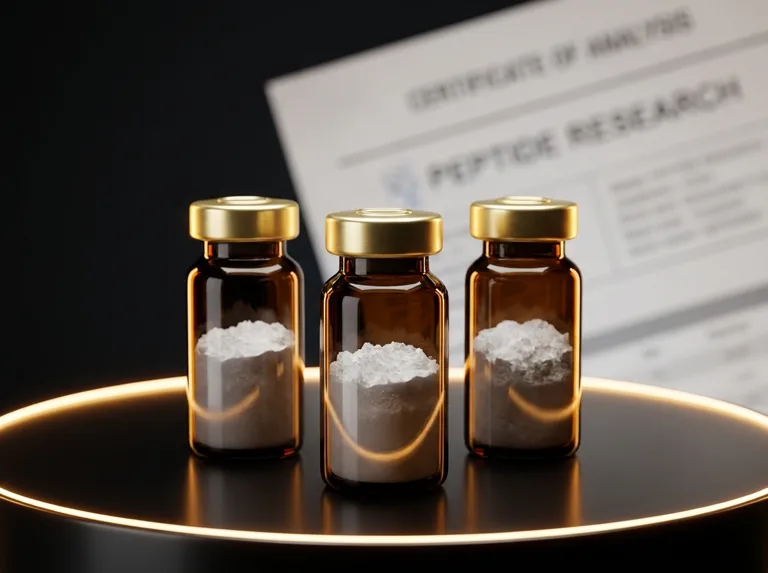 Three amber peptide vials with gold caps and powder beside a Certificate of Analysis — Aura Labs third-party tested