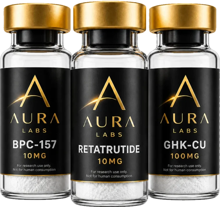 Aura Labs research peptide vials: BPC-157, Retatrutide, GHK-Cu