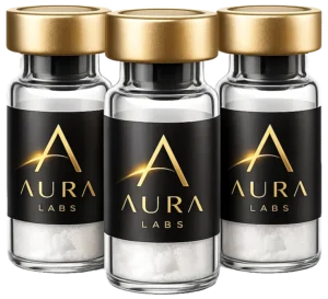 Three Aura Labs premium peptide vials with gold caps and freeze-dried peptide powder