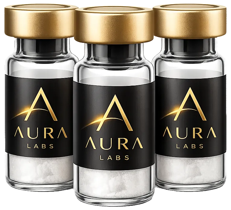 Three Aura Labs premium peptide vials with gold caps and freeze-dried peptide powder