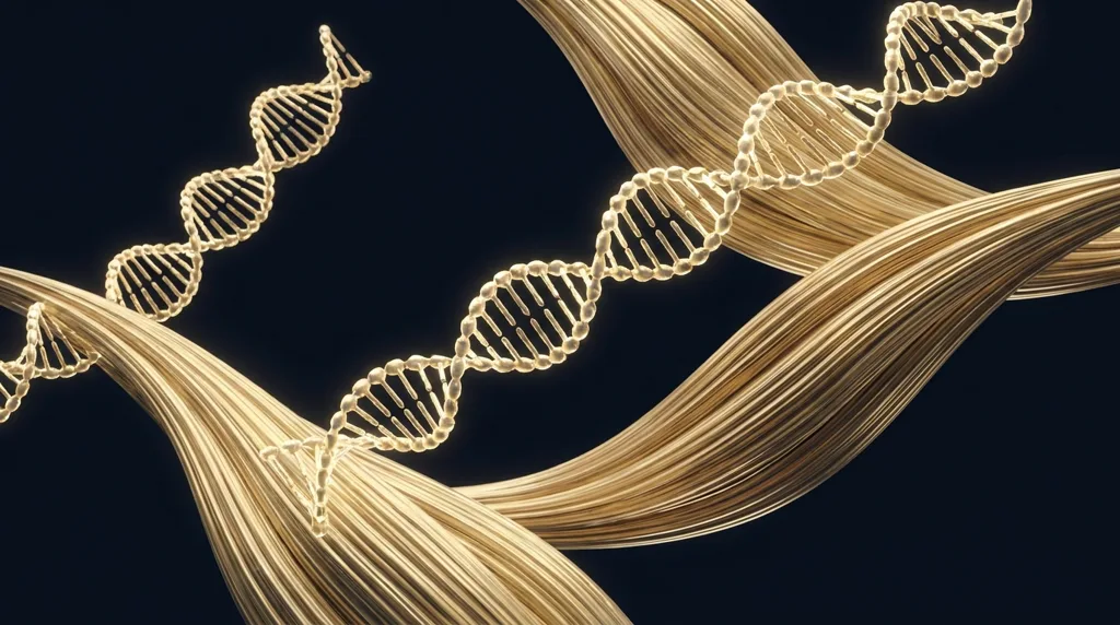Gold GH/IGF-1 peptide and muscle-fiber illustration — Aura Labs muscle-growth peptides